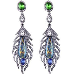 Peacock Feather Hologram Long Earrings With Rhinstone For Pageant Prom